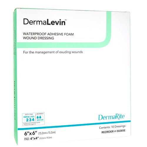 Foam Dressing DermaLevin® 6 X 6 Inch With Border Waterproof Backing Hydrocolloid Adhesive Square Sterile, Box of 10
