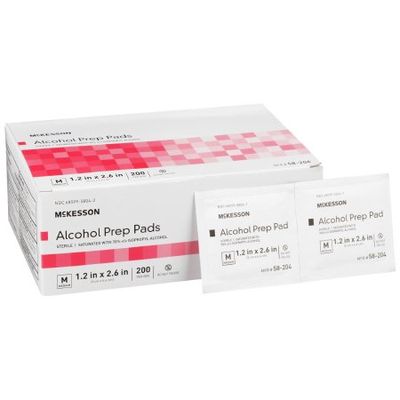 Alcohol Prep Pad McKesson 70% Strength Isopropyl Alcohol Individual Packet Medium Sterile, Box of 200