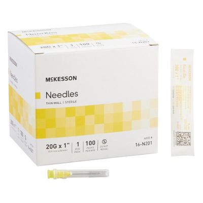 Hypodermic Needle McKesson 1 Inch Length 20 Gauge Thin Wall Without Safety. Box of 100