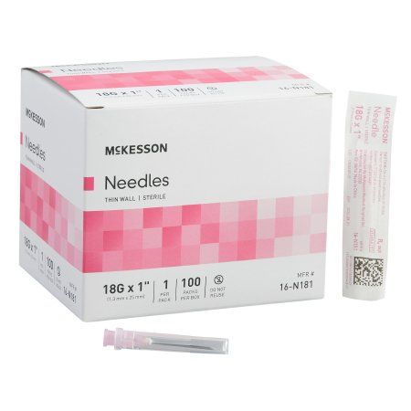 Hypodermic Needle McKesson 1 Inch Length 18 Gauge Thin Wall Without Safety. Box of 100