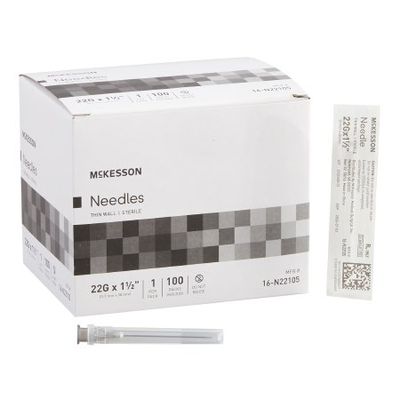 Hypodermic Needle McKesson 1-1/2 Inch Length 22 Gauge Thin Wall Without Safety. Box of 100