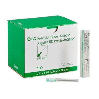 Hypodermic Needle PrecisionGlide™ 1-1/2 Inch Length 21 Gauge Thin Wall Without Safety. Box of 100