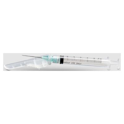 Safety Hypodermic Syringe with Needle McKesson Prevent® 3 mL 1 Inch 23 Gauge Hinged Safety Needle Ultra Thin Wall. Box of 100