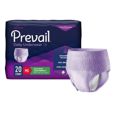Female Adult Absorbent Underwear Prevail® Daily Underwear Pull On with Tear Away Seams Medium Disposable Heavy Absorbency. Case of 80