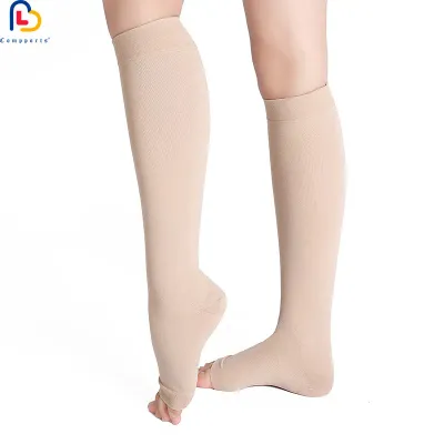 Compression Socks for Varicose Veins Knee High 15-20 Mmhg, Open Toe Beige. 1 Pair