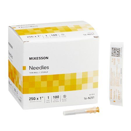 Hypodermic Needle McKesson 1 Inch Length 25 Gauge Thin Wall Without Safety. Case of 1,000