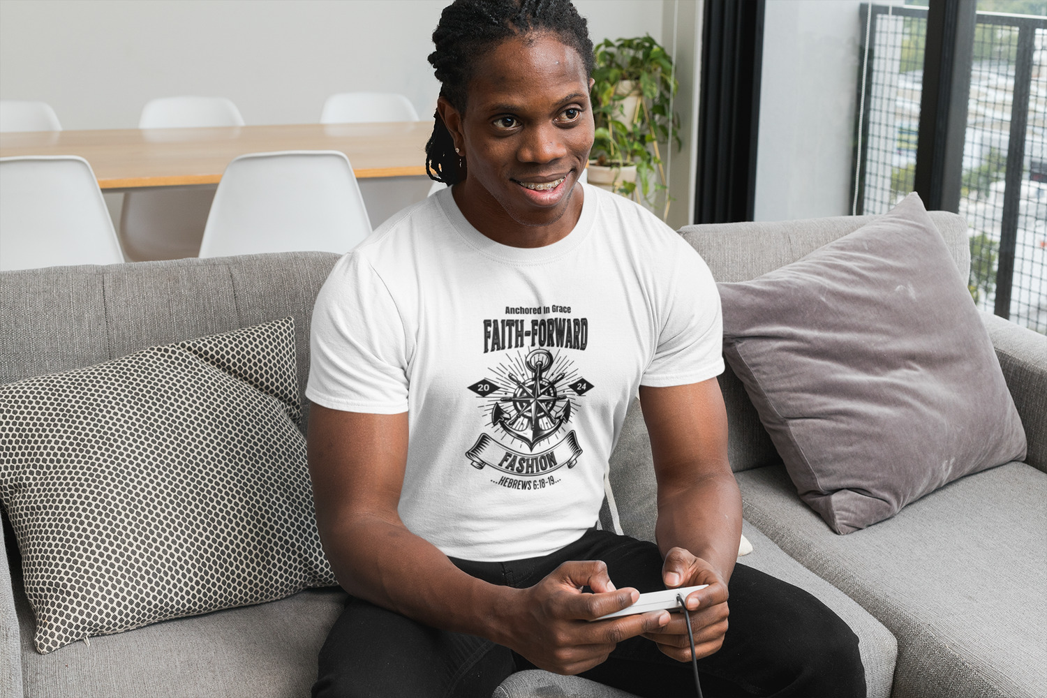 Faith Forward, Anchored In Grace Unisex White T-Shirt