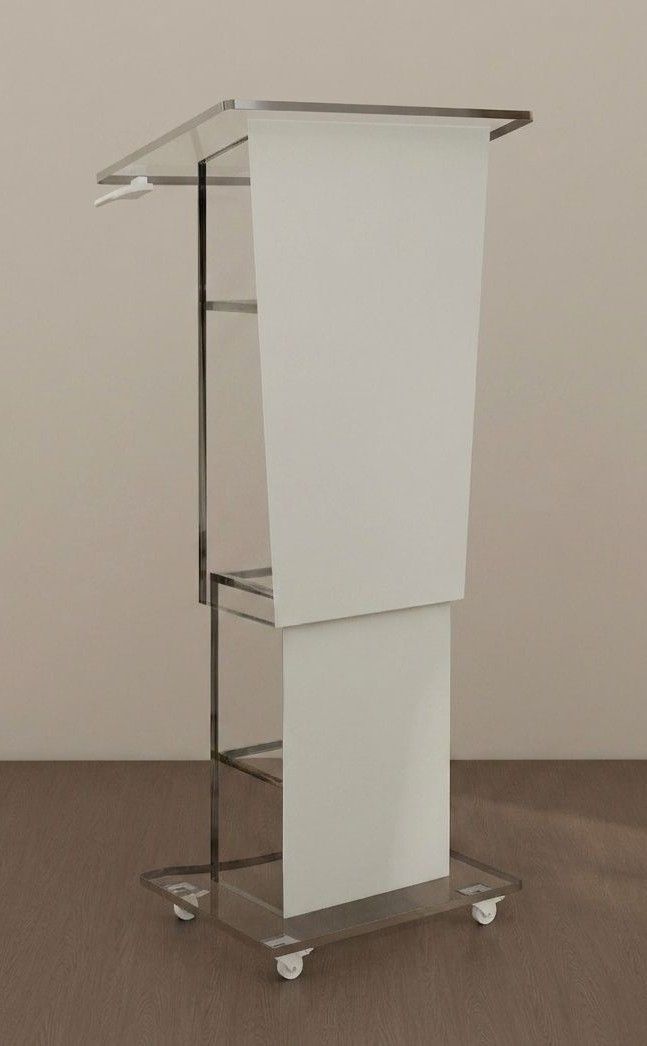 Atril metacrilato alto con ruedas y frontal blanco personalizable.