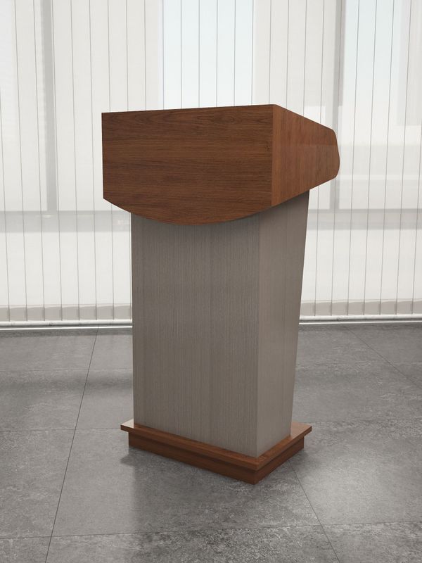 Atril de madera para conferencias en tono nogal y cuerpo gris para oradores