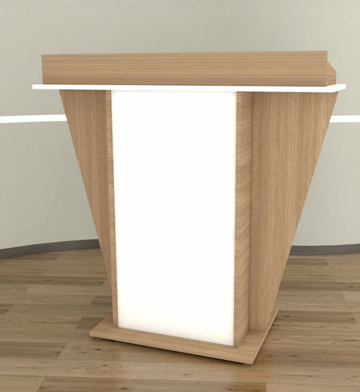 Atril de madera gran formato con diseño trapezoidal y panel frontal blanco para conferencias