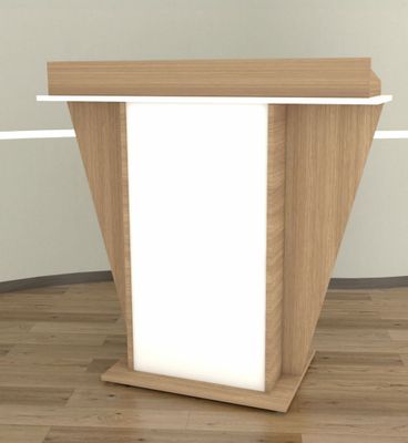 Atril AT13 Atril de madera gran formato con diseño trapezoidal y panel frontal blanco para conferencias