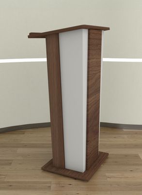 Atril de madera acabado nogal con frontal blanco para conferencias y ponencias