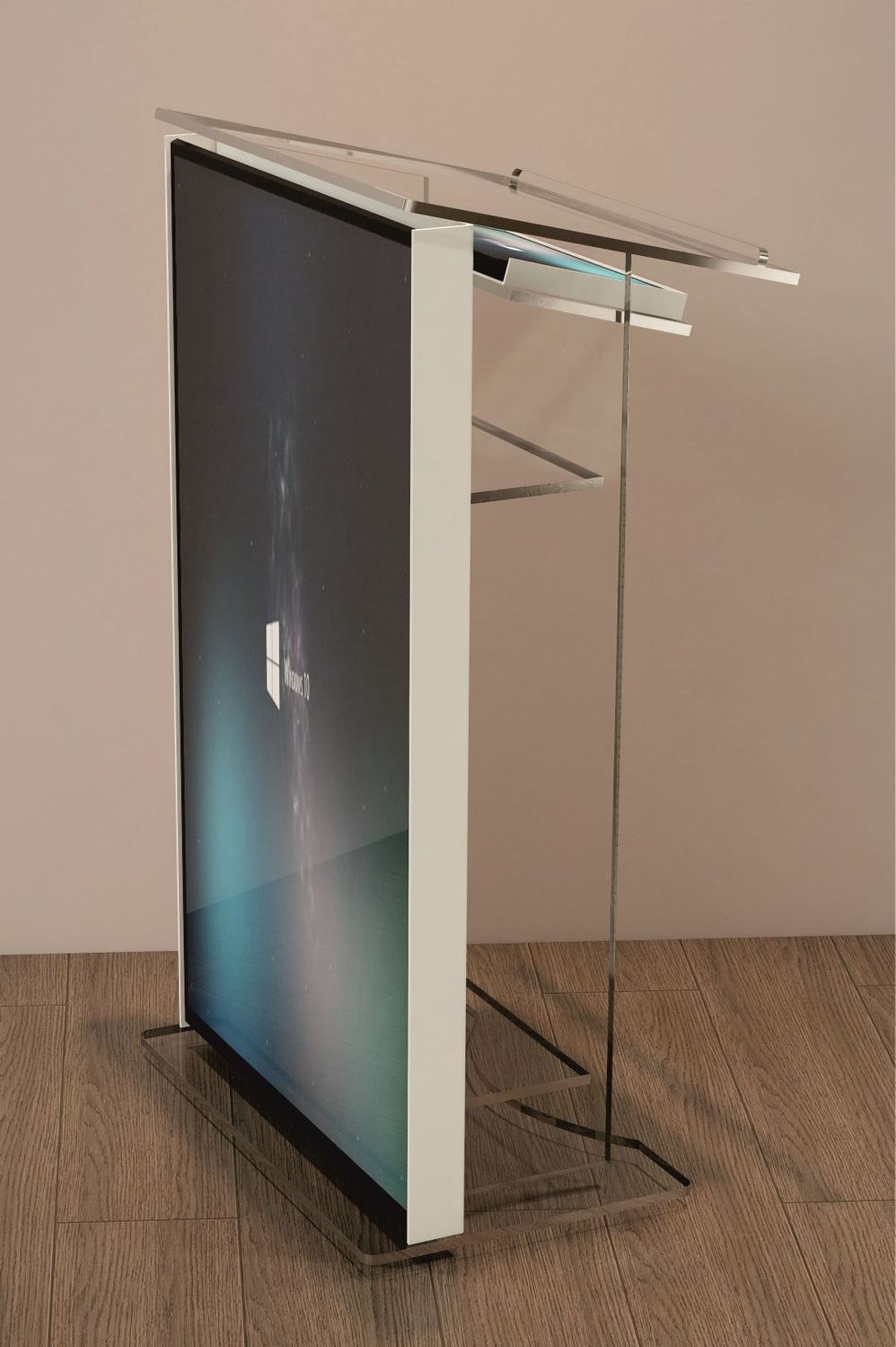 Atril AW03 Atril digital de metacrilato transparente y blanco con doble pantalla interactiva de la marca Spabox