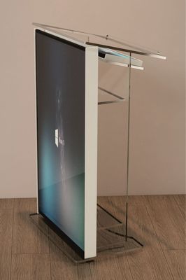 Atril AW03 Atril digital de metacrilato transparente y blanco con doble pantalla interactiva de la marca Spabox