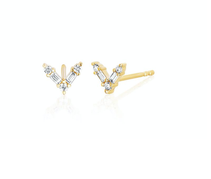 14KY Diamond Chevron Baguette Stud