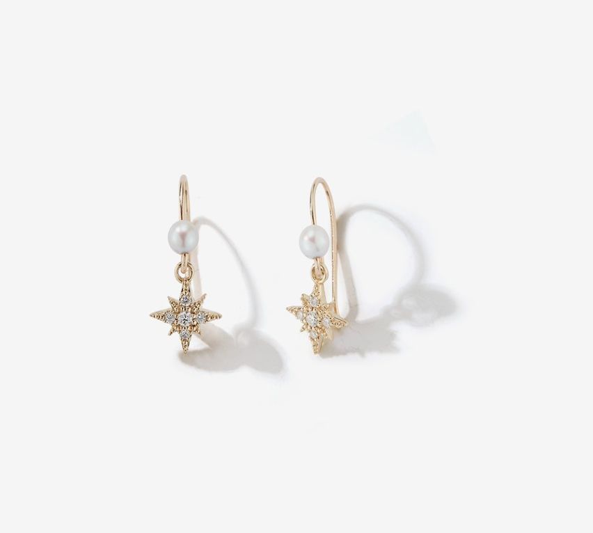 14KY Small Diamond Star &amp; Pearl Earring 0.08ct