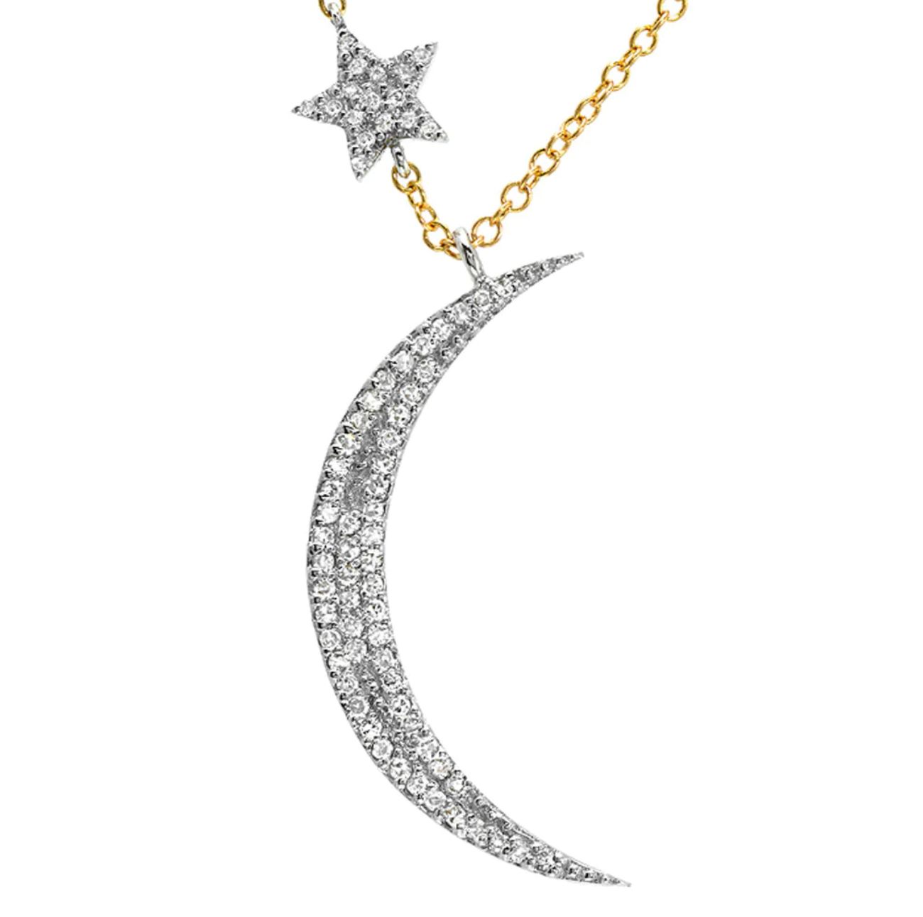 14K Yellow &amp; White Diamond Crescent Moon &amp; Floating Star Necklace- 16&#39;18&quot;