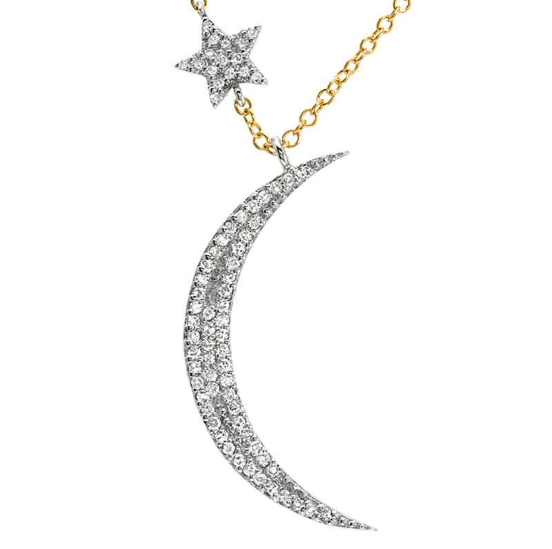 14K Yellow &amp; White Diamond Crescent Moon &amp; Floating Star Necklace- 16&#39;18&quot;