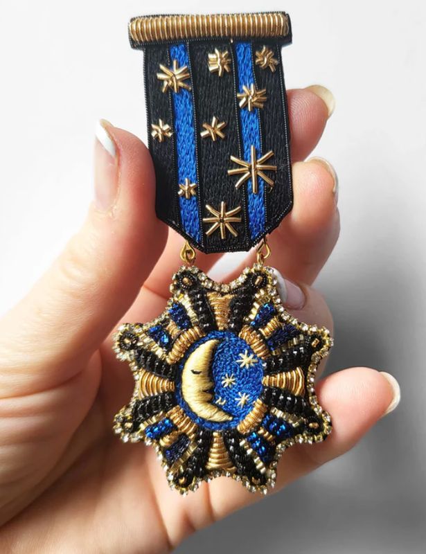 Moon &amp; Stars Medal Embrodered Brooch