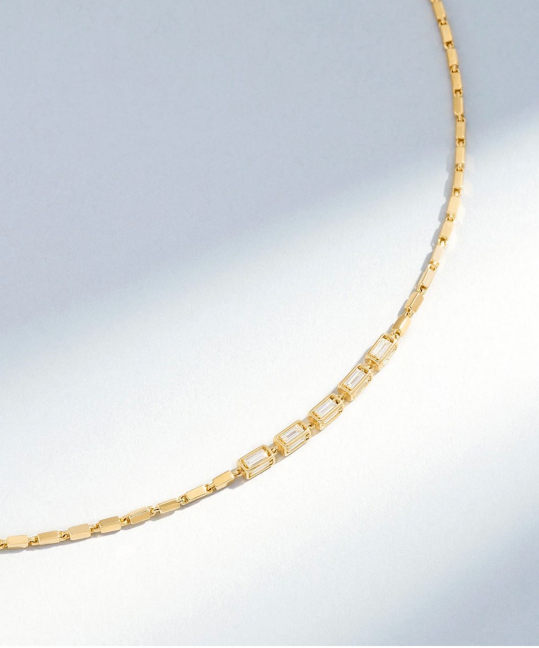 18KY Gold 5 White Diamond Baguette Small Block Chain Necklace-15-18&quot;