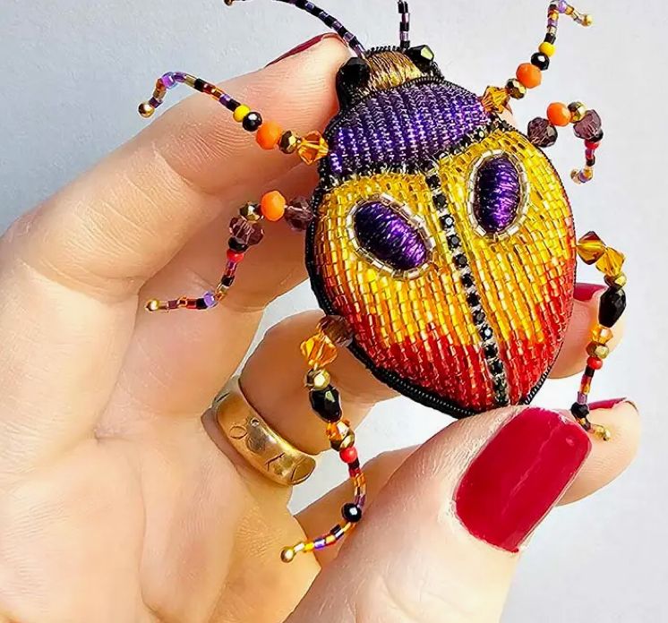 Hugh the Beetle Brooch- Medium Orange, Red, &amp; Purple