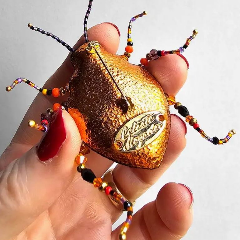 Hugh the Beetle Brooch- Medium Orange, Red, &amp; Purple