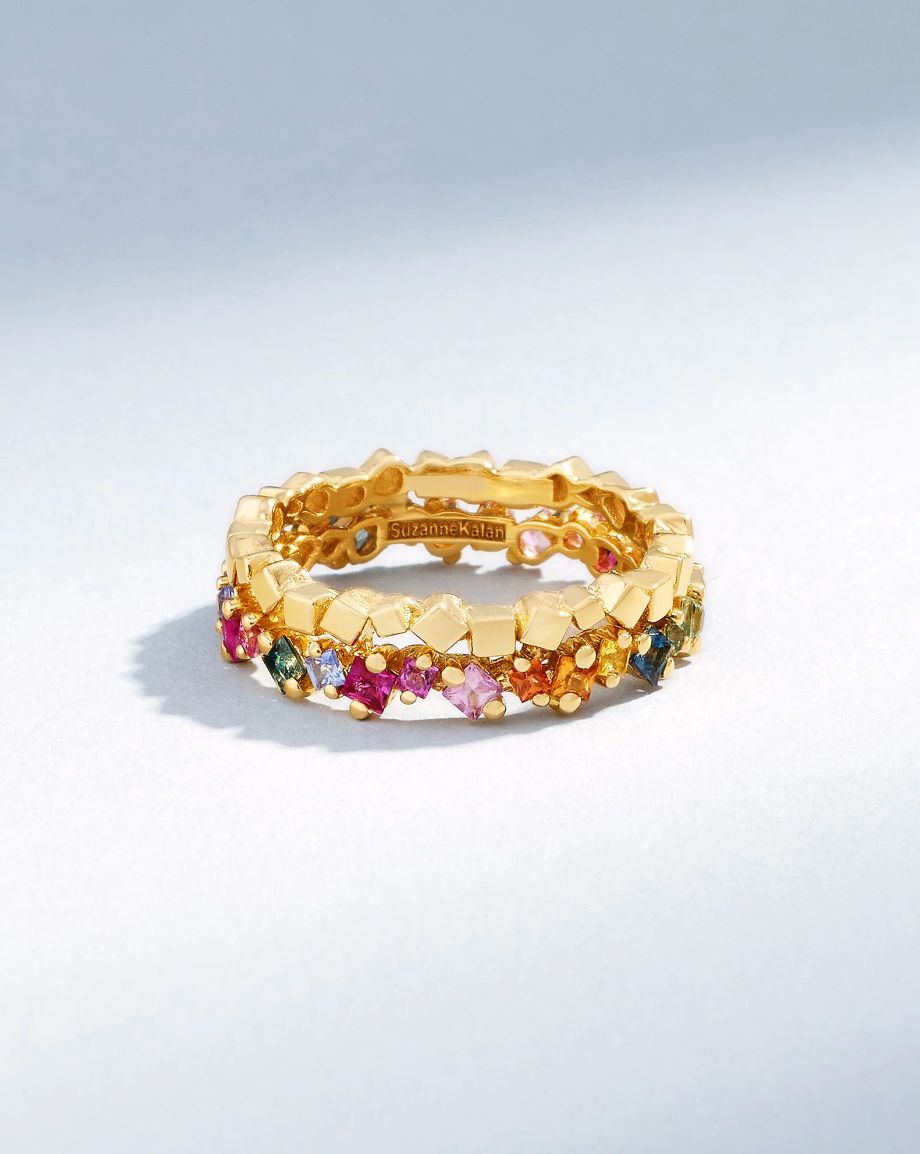 18KY Gold Princess Cut Rainbow Sapphire 2 Row Eternity Band- Size 7