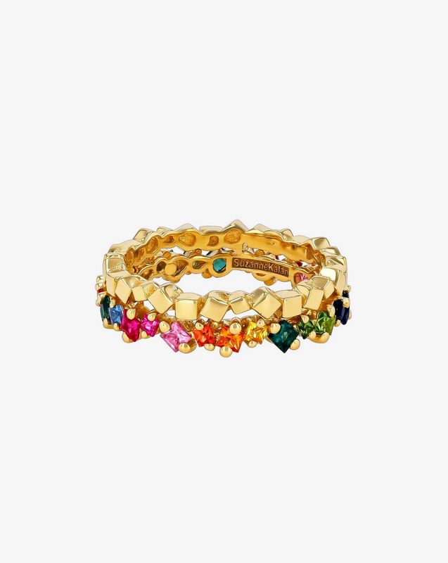 18KY Gold Princess Cut Rainbow Sapphire 2 Row Eternity Band- Size 7