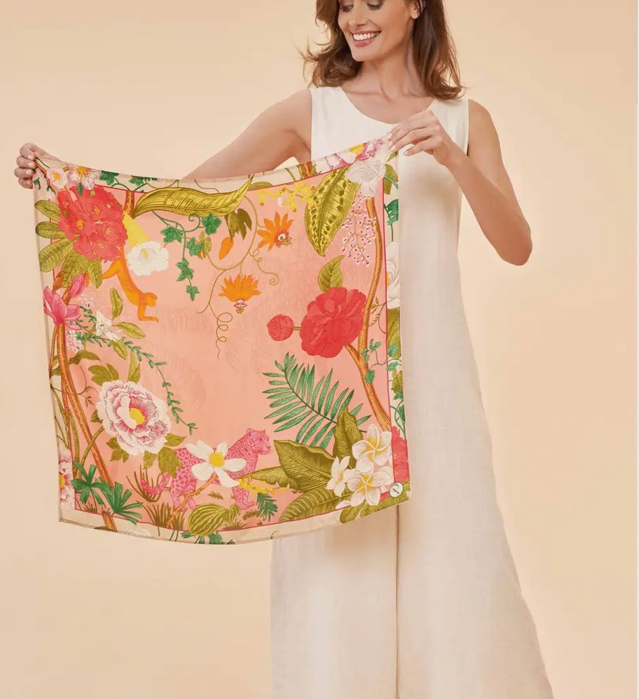 100% Silk Tropical Floral and Fauna Scarf - Petal