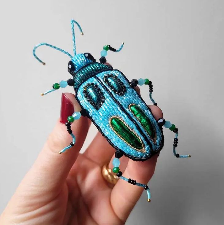 Floribert The Beetle Brooch- Large Light Blue, Dark Blue, &amp; Green