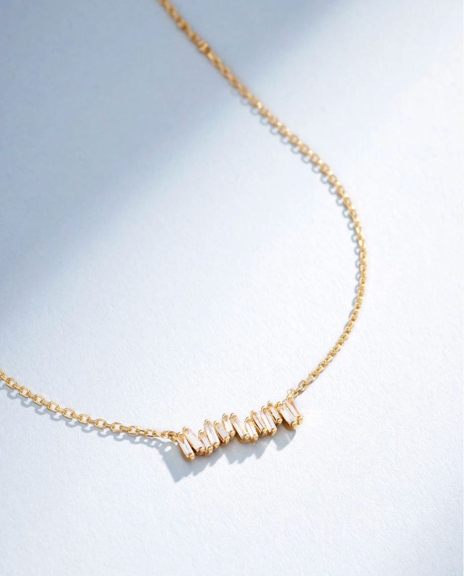 18KY Gold Firework Baguette Diamond Necklace- 16-18&quot;