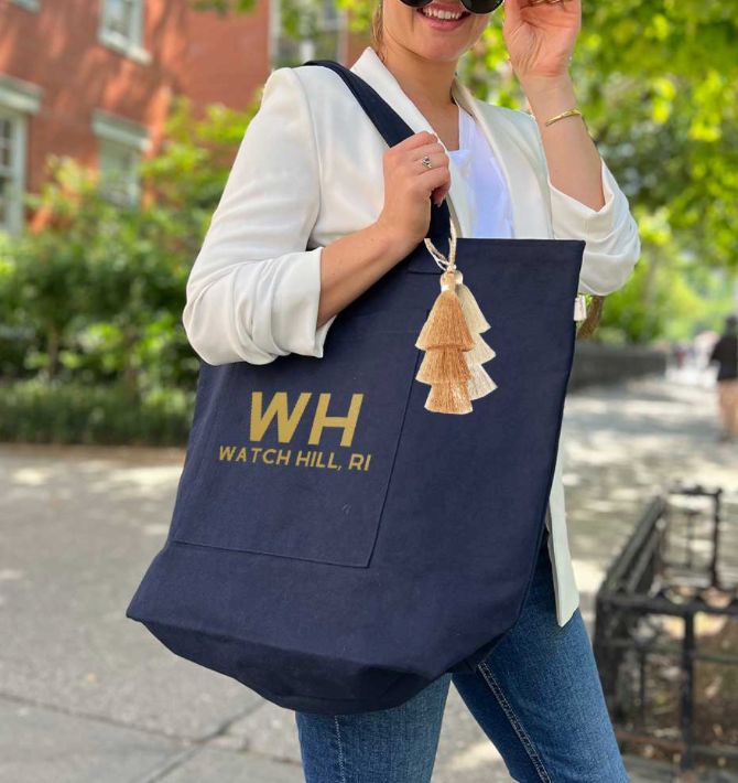 Watch Hill, RI Navy Everything Tote w/ Gold &amp; White Tassels