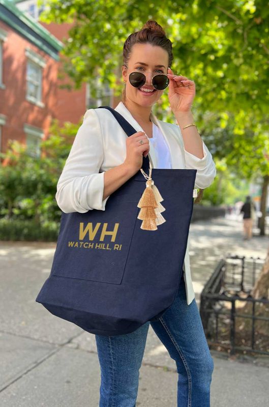 Watch Hill, RI Navy Everything Tote w/ Gold &amp; White Tassels