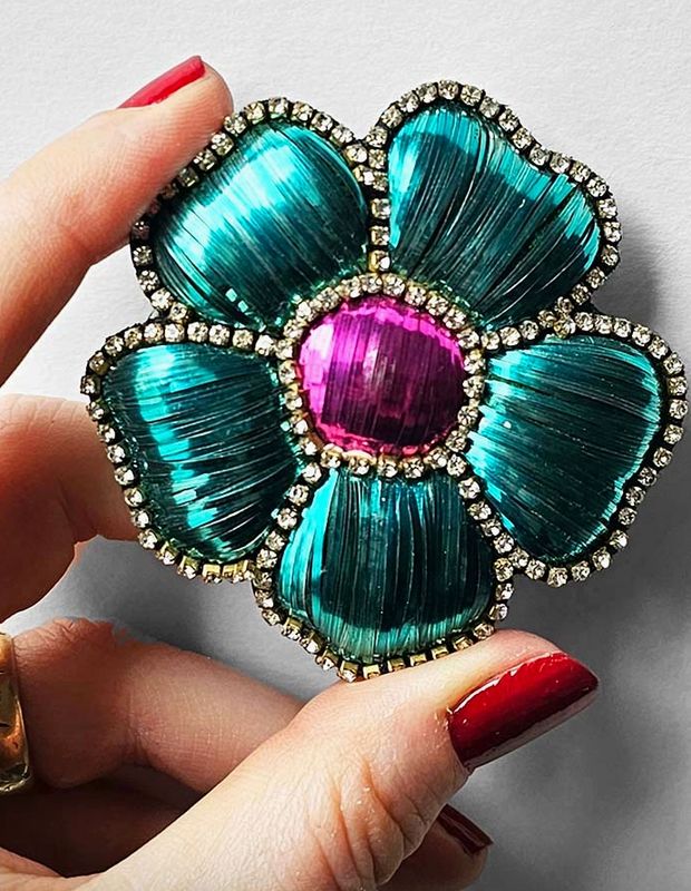 Pop Romy Metallic Turquoise &amp; Pink Flower Brooch