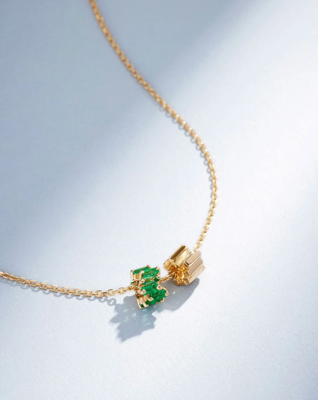 18KY Gold Infinite Baguette Emerald &amp; Golden Rondel Drop Necklace-16-18&quot;