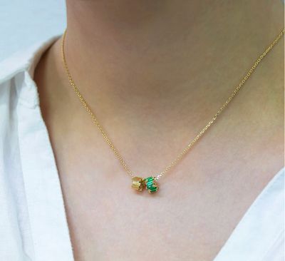 18KY Gold Infinite Baguette Emerald &amp; Golden Rondel Drop Necklace-16-18&quot;