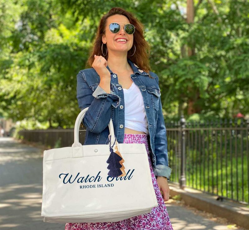 Watch Hill Natural East-West Bag w/ Navy &amp; Gold Tassels