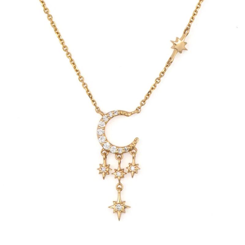 14KY Diamond Night Sky Moon &amp; Stars Delicate Necklace-16"-18"