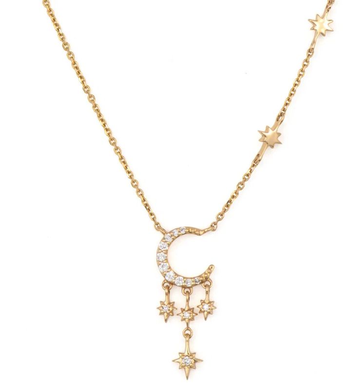 14KY Diamond Night Sky Moon &amp; Stars Delicate Necklace-16&quot;-18&quot;