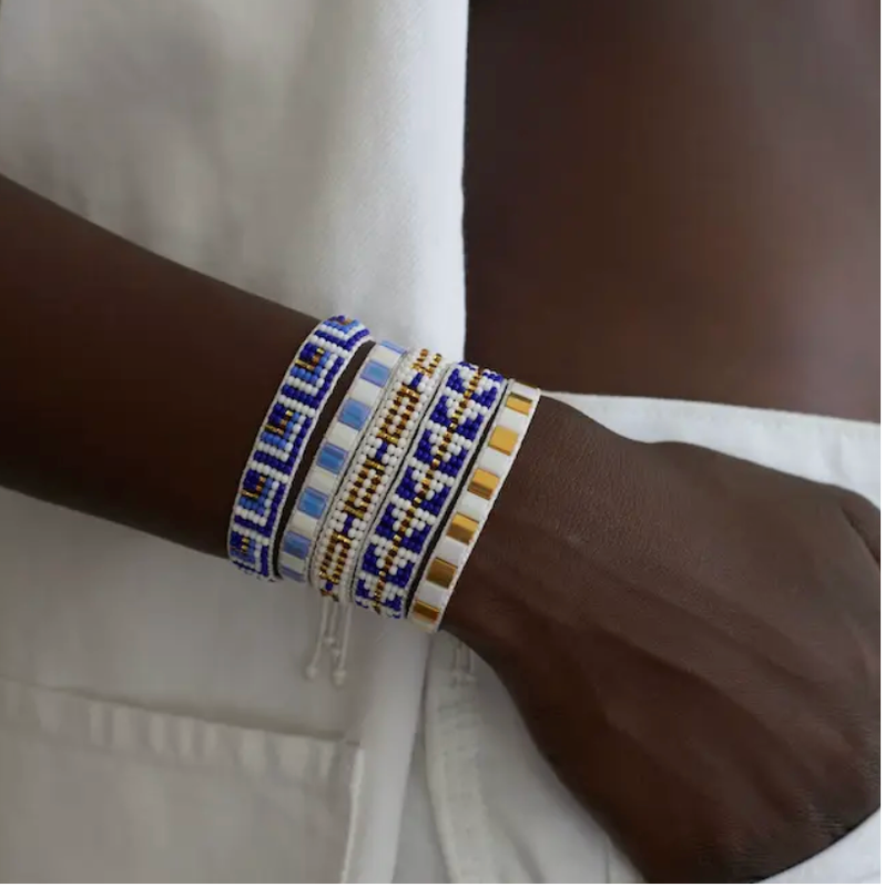 The Zuva Trio-Blue, White, &amp; Gold Handbeaded Bracelet