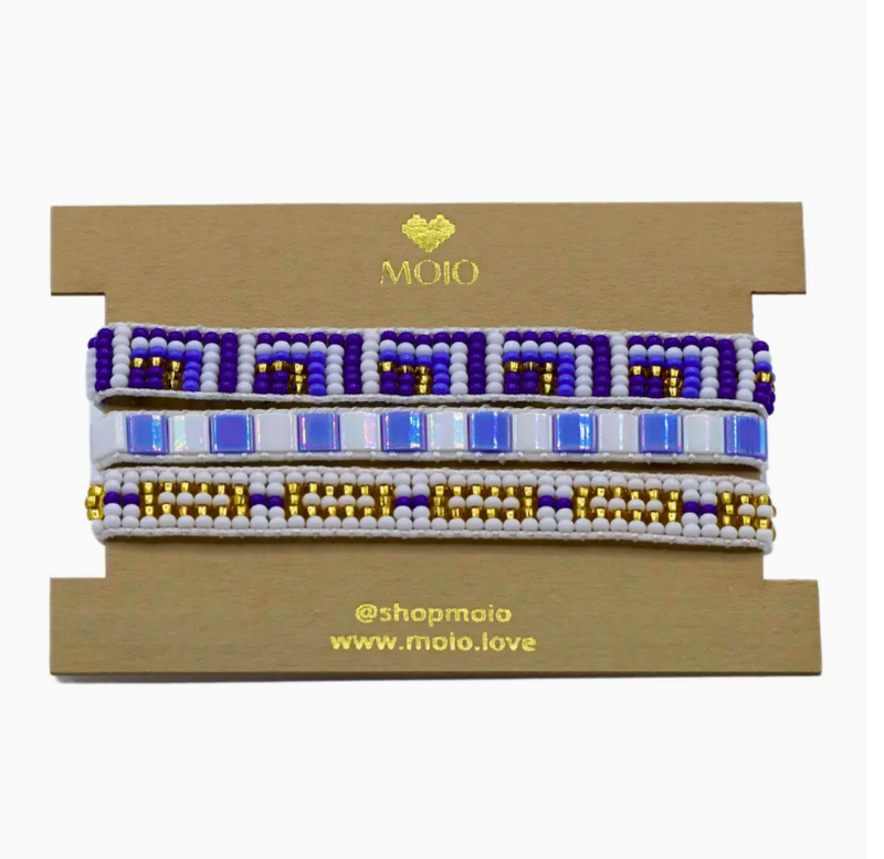 The Zuva Trio-Blue, White, &amp; Gold Handbeaded Bracelet