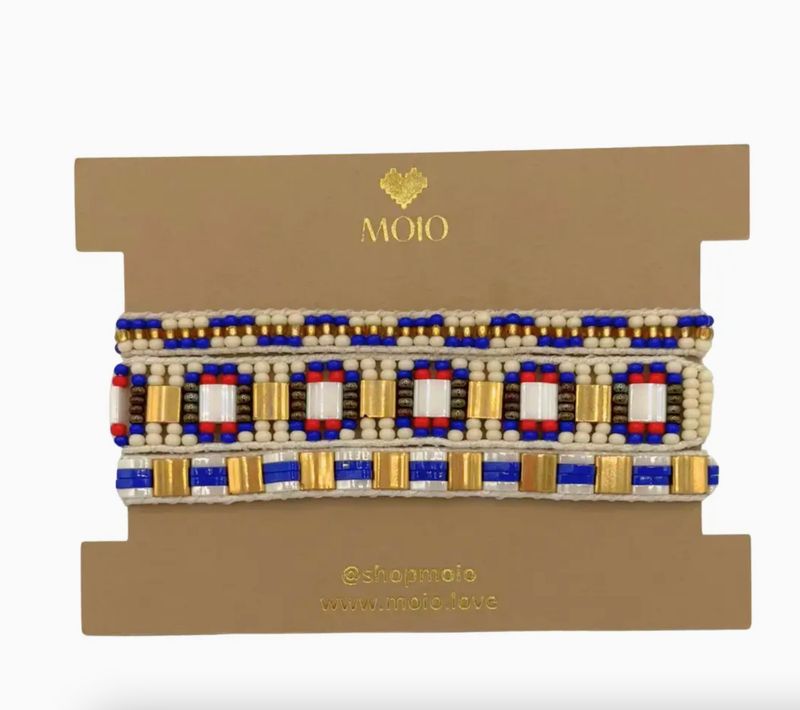 The Soleil Trio- Bone, Cobalt, Cherry &amp; Gold Beaded Bracelet