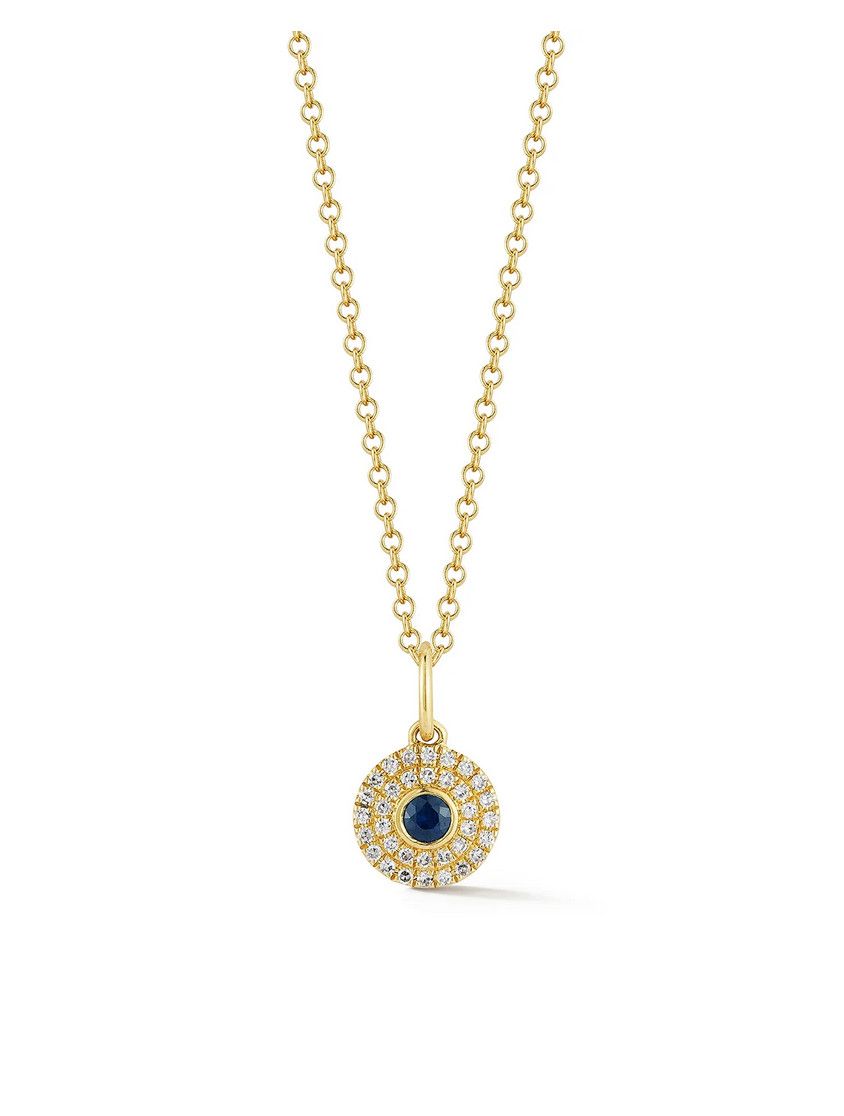 14KY Diamond &amp; Round Blue Sapphire Gem Necklace- 16&quot;-18&quot;