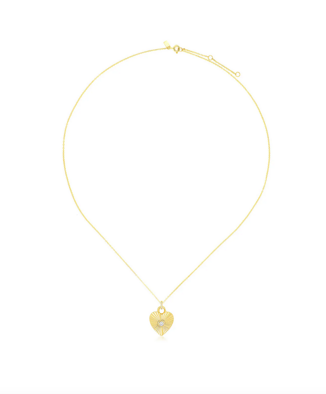14KY Gold &amp; Diamond Fluted Heart Necklace- 16"-18"