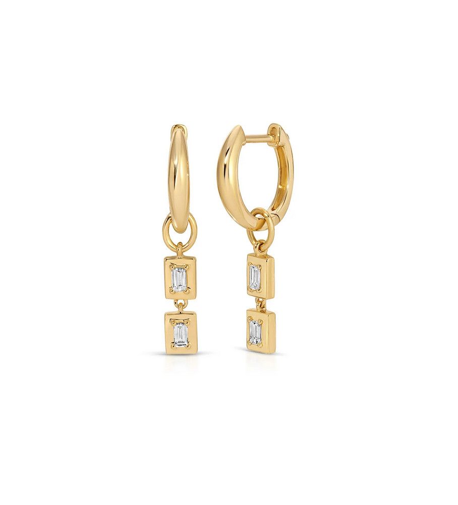 14KY Gold Frame Double Baguette Diamond Huggie Charm on Gold Dome Earring
