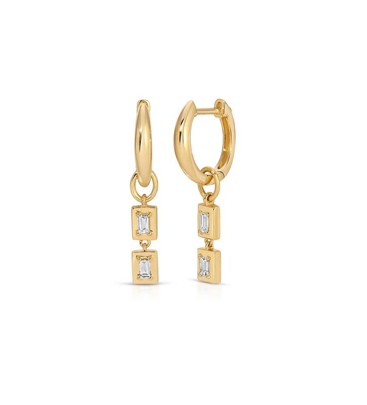 14KY Gold Frame Double Baguette Diamond Huggie Charm on Gold Dome Earring