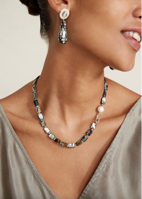 Sterling Silver Luz Albalone Necklace w/ Akoya Pearl- 17"