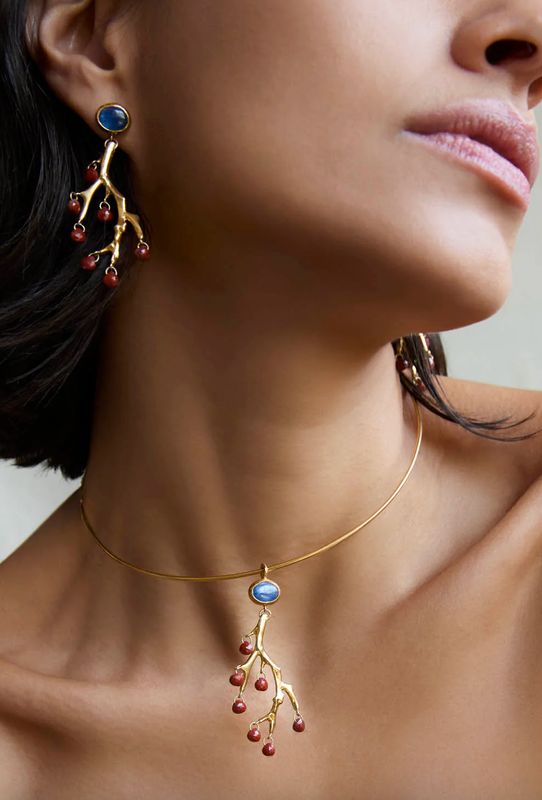 18KY Gold Vermeil Branch Collar w/ Kyanite &amp; Red Jasper-15 1/2"