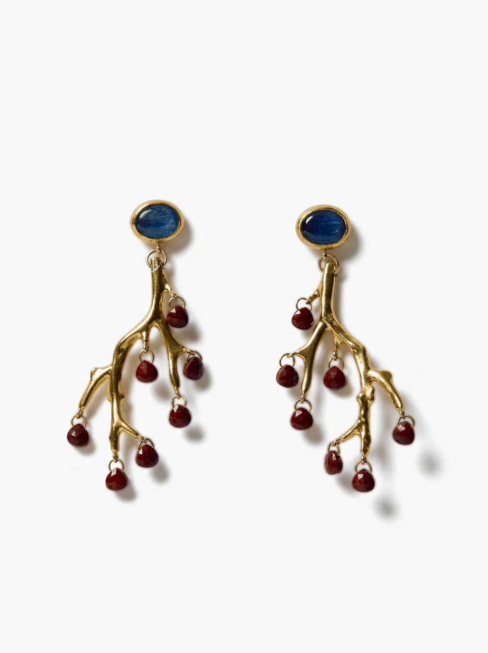 18KY Gold Vermeil Branch Earrings w/ Kyanite &amp; Red Jasper