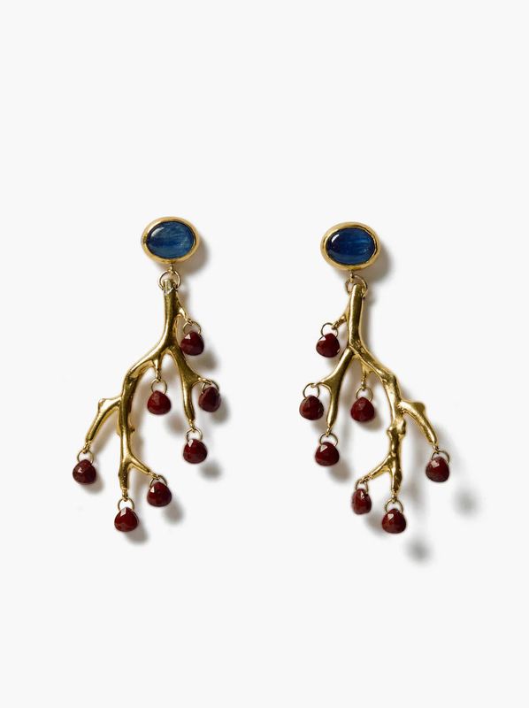 18KY Gold Vermeil Branch Earrings w/ Kyanite &amp; Red Jasper